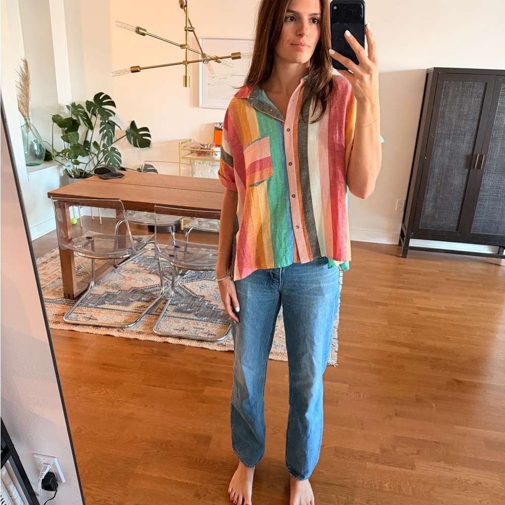 Rainbow Striped Linen Button-Up Shirt - Multicolor